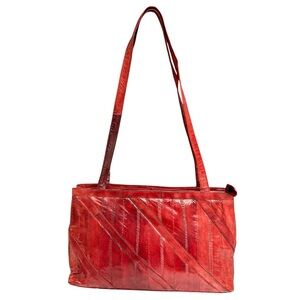 Vintage Red Eel Skin Leather Tote Shoulder Bag, 80s Eelskin Leather Bag